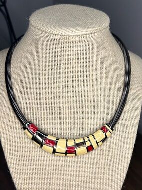 Vintage Monet Directives Red Cream Grey Enamel Modernist Collar Necklace